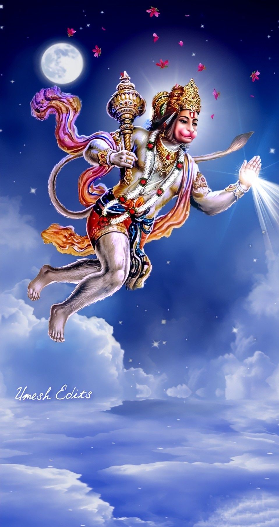 Hanuman flying with gada in sky