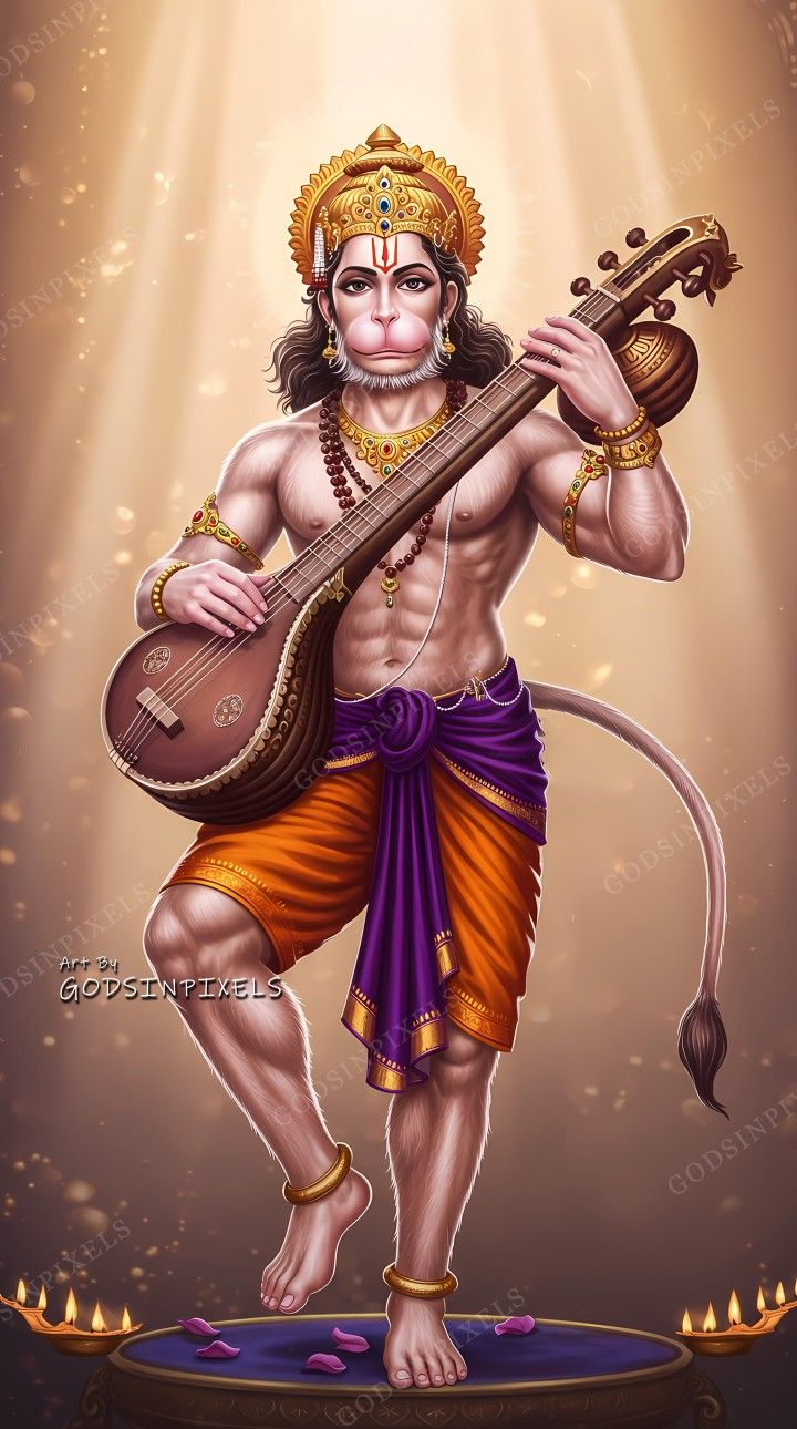 Hanuman playing the veena beautifully