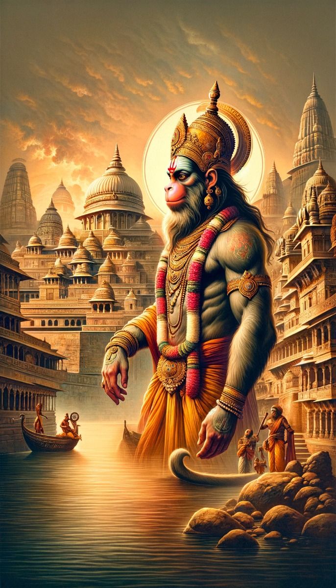 Hanuman overlooking a majestic city