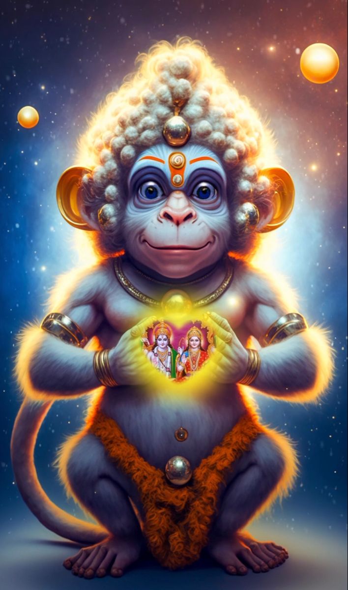 Hanuman holding Ram, Sita, Lakshman