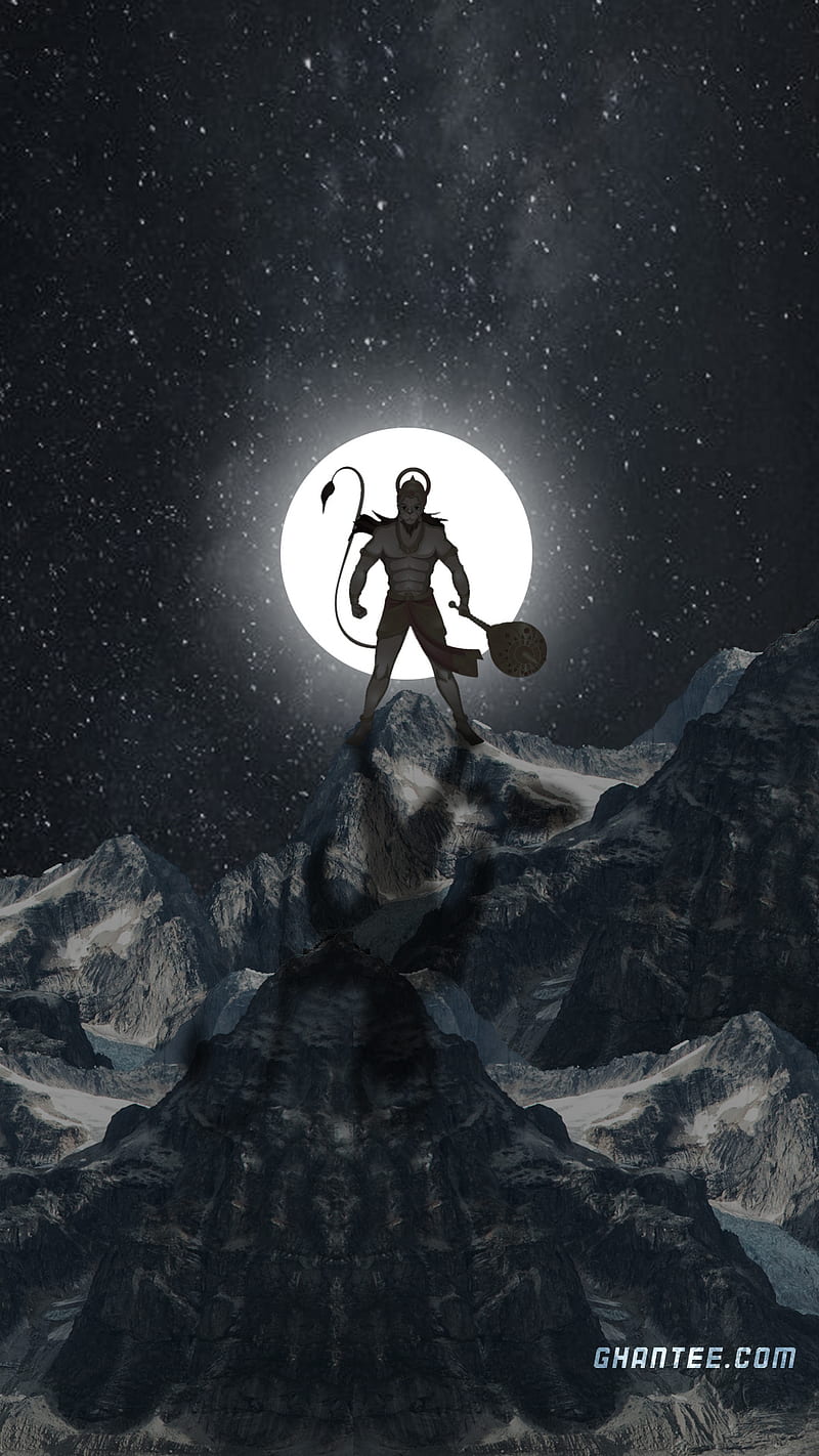 Hanuman stands on a mountaintop.