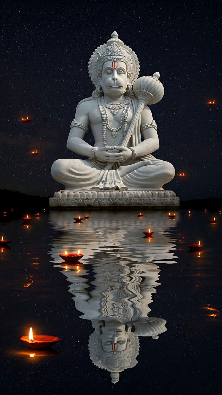 Hanuman meditating amongst lit diyas