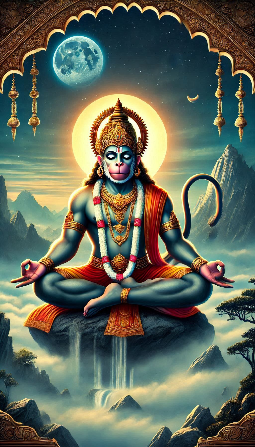 Hanuman meditating on a mountain peak