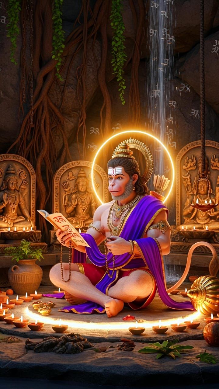 Hanuman reading sacred text in temple