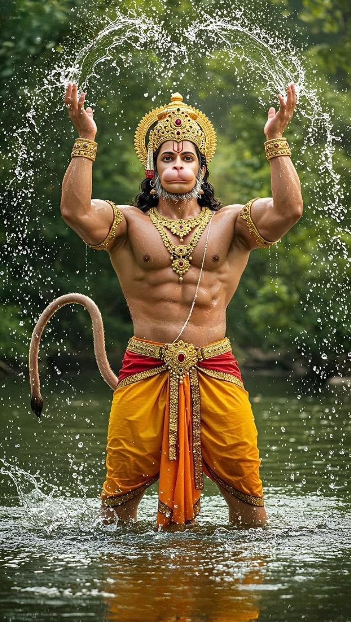Hanuman amidst a refreshing water shower