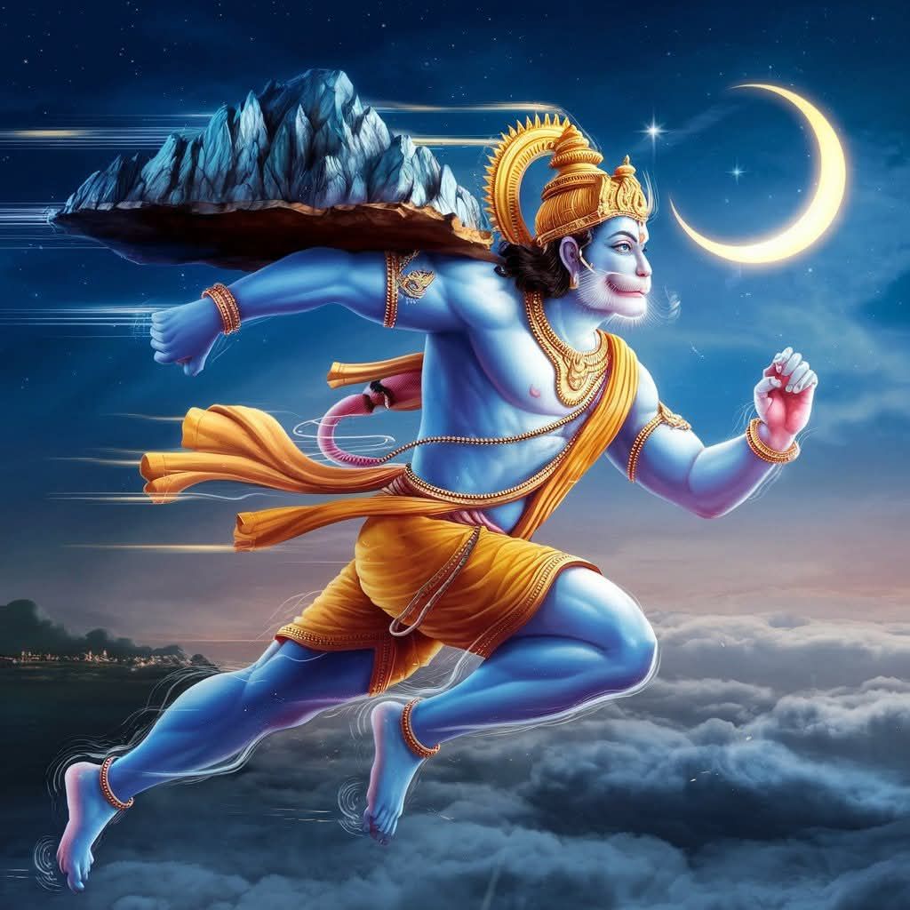 Hanuman carrying Sanjeevani mountain swiftly