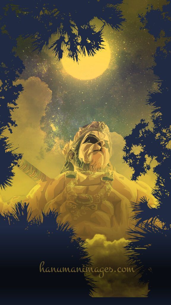 Hanuman carrying mountain under moonlit sky