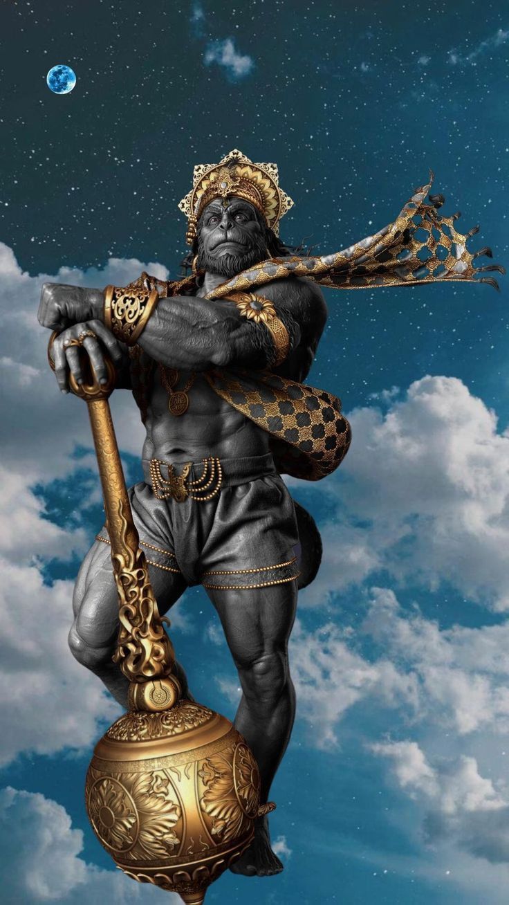 Powerful Hanuman with golden mace against stars