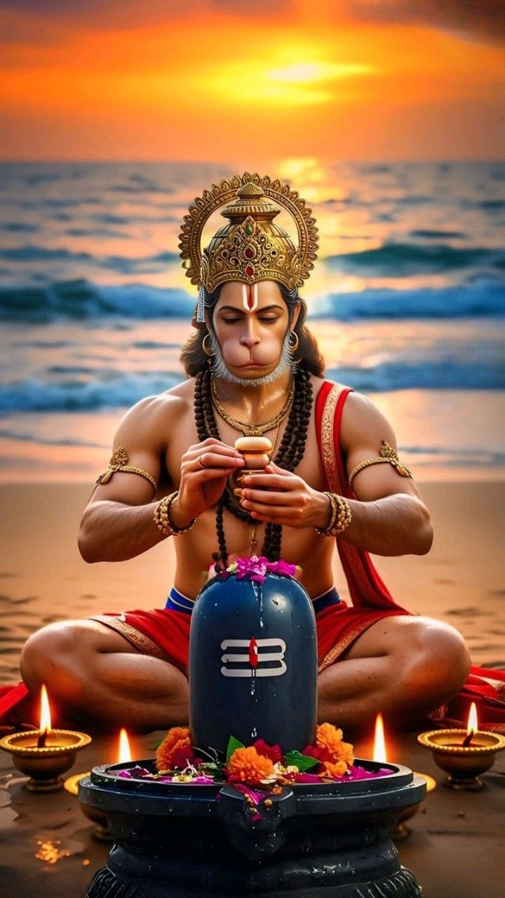 Hanuman meditates near a Shiva Lingam.