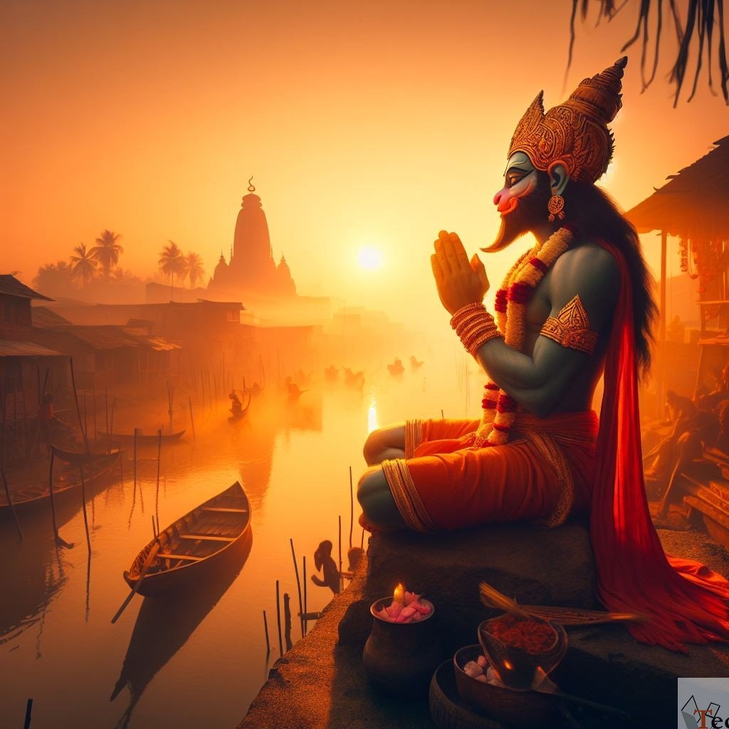 Hanuman in prayer by the river