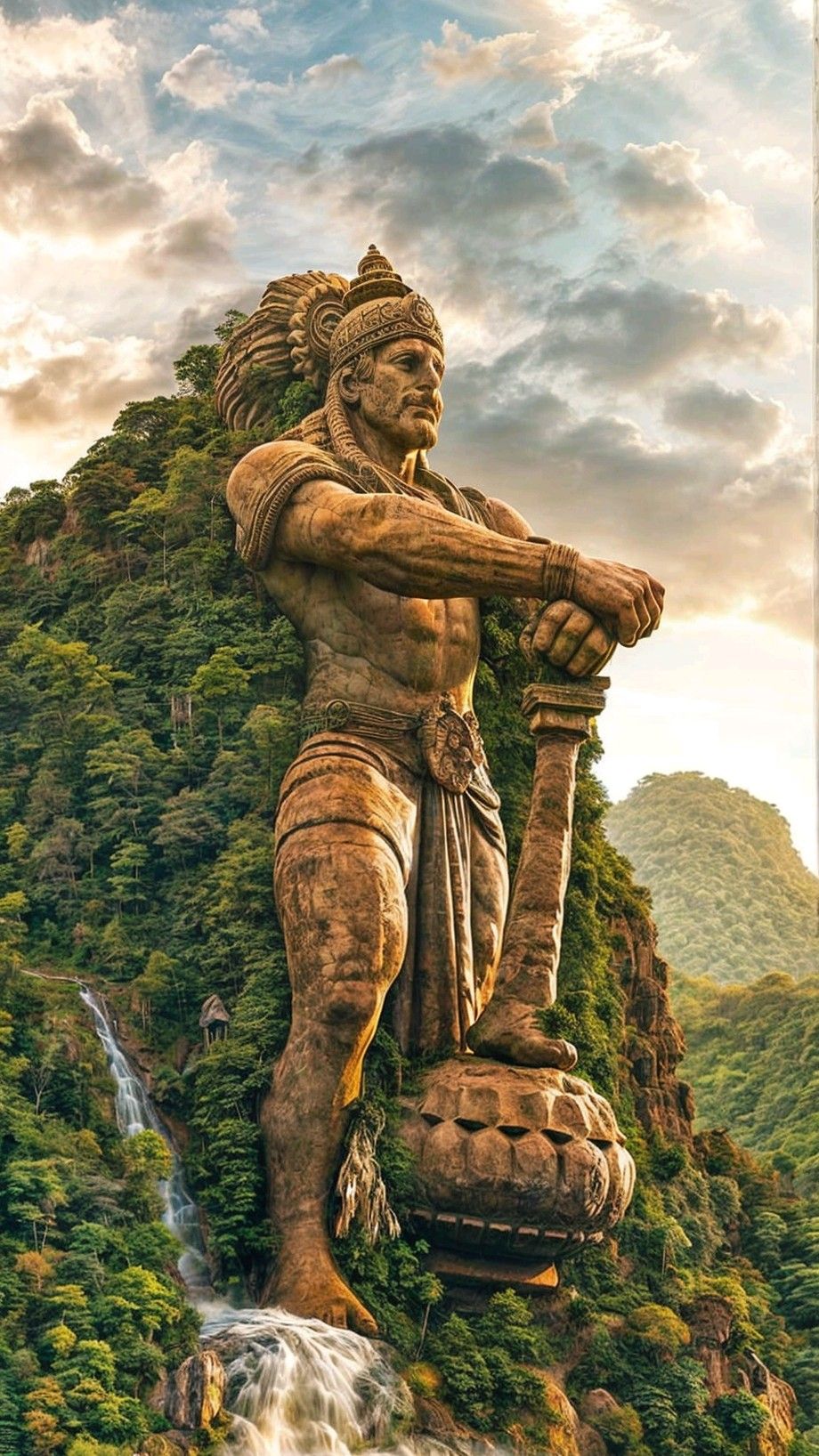 Hanuman statue overlooking lush green forest