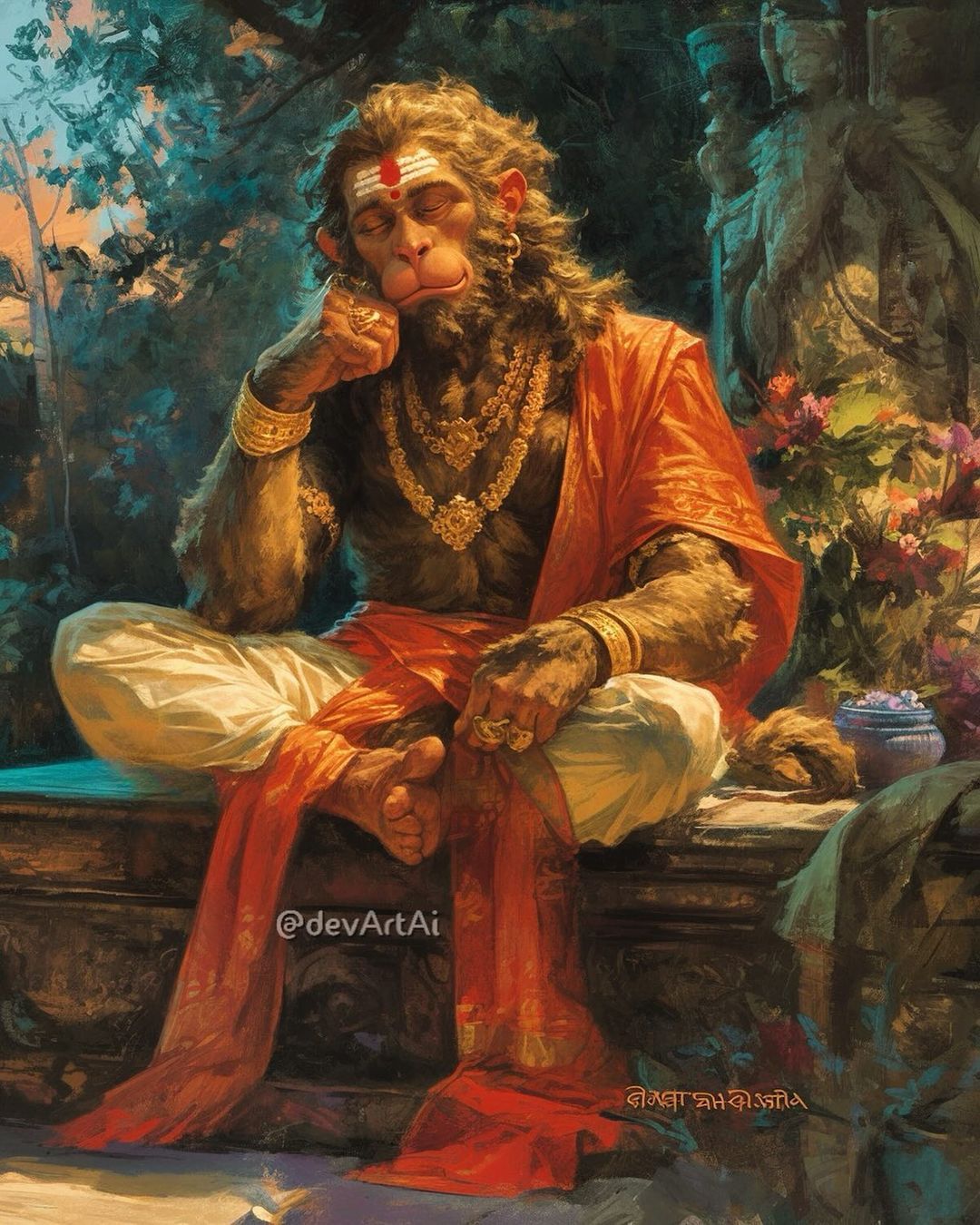 Hanuman in peaceful contemplation amidst forest
