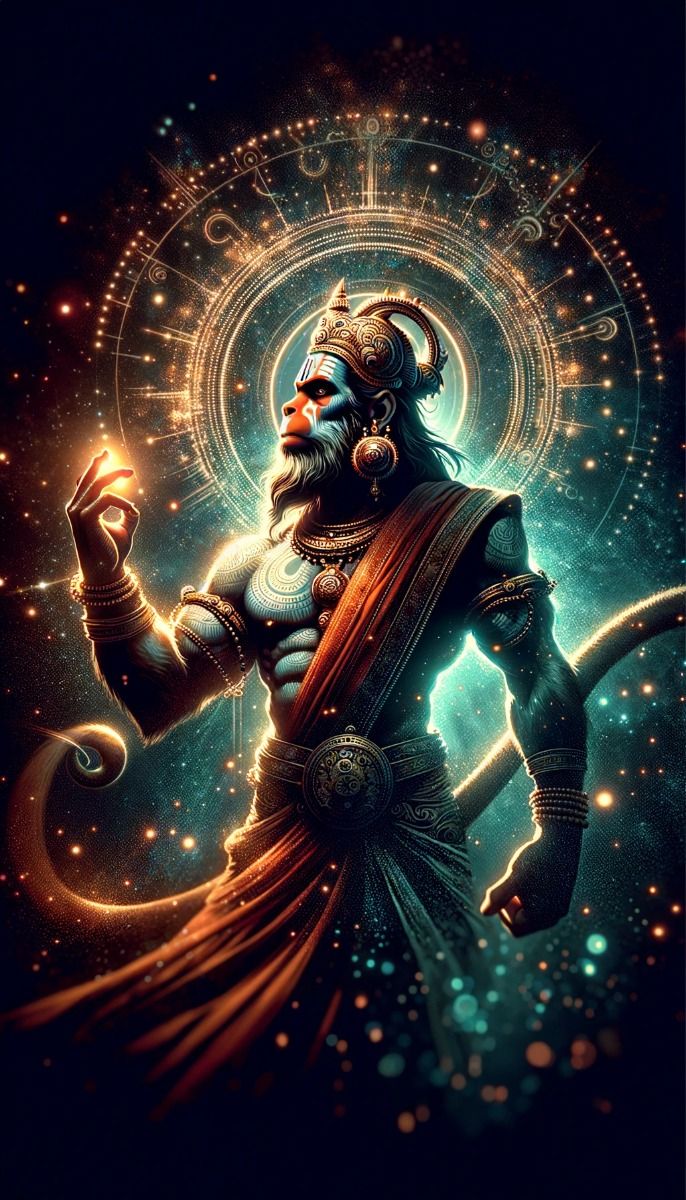 Hanuman amidst a swirling galaxy