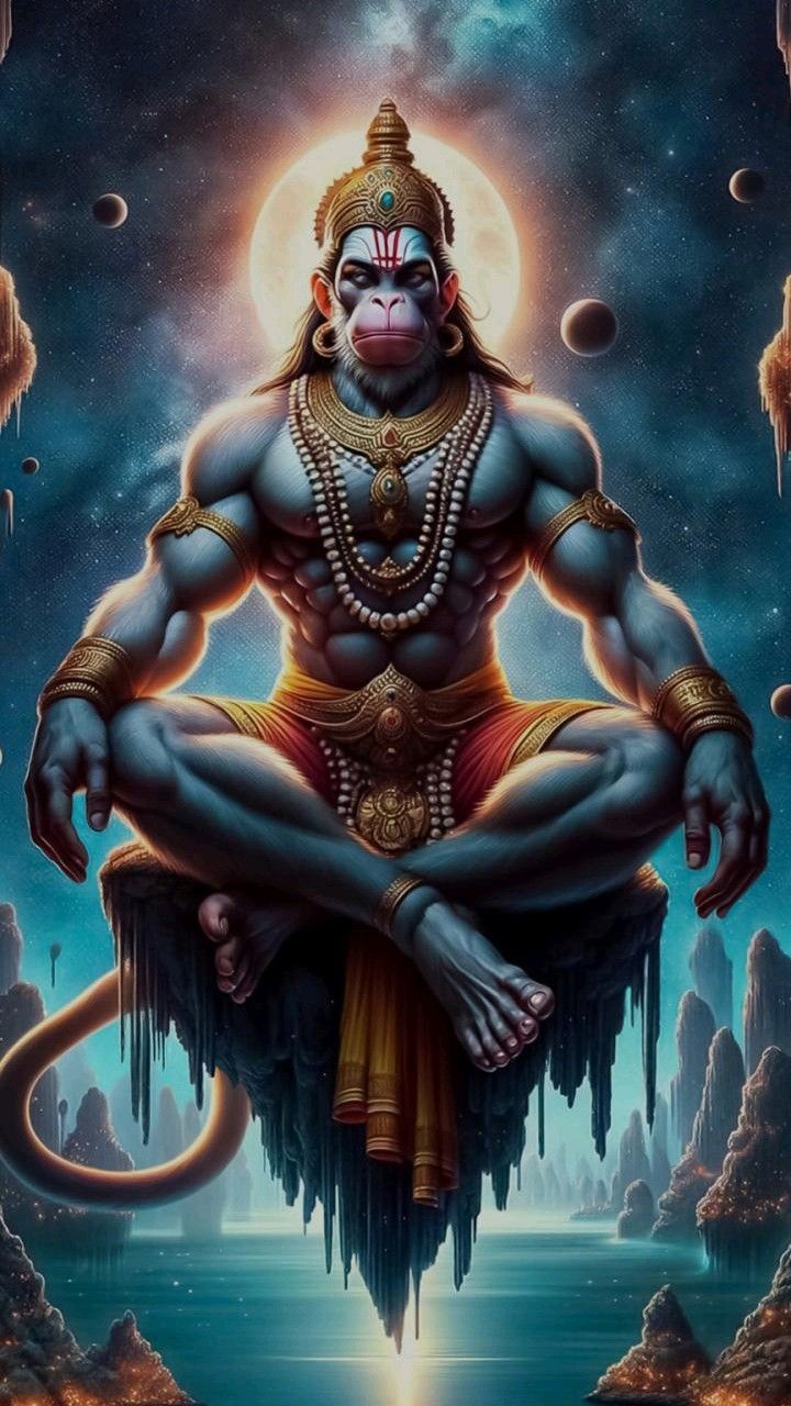 Hanuman meditating in a cosmic setting.