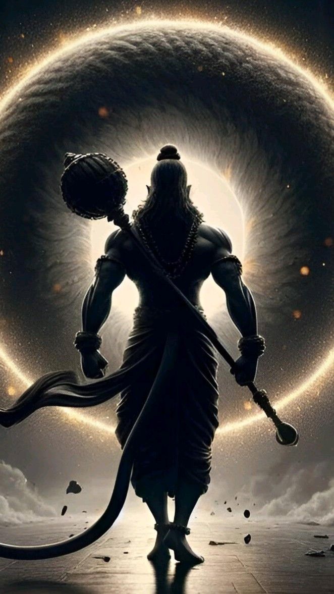 Hanuman silhouette with cosmic energy
