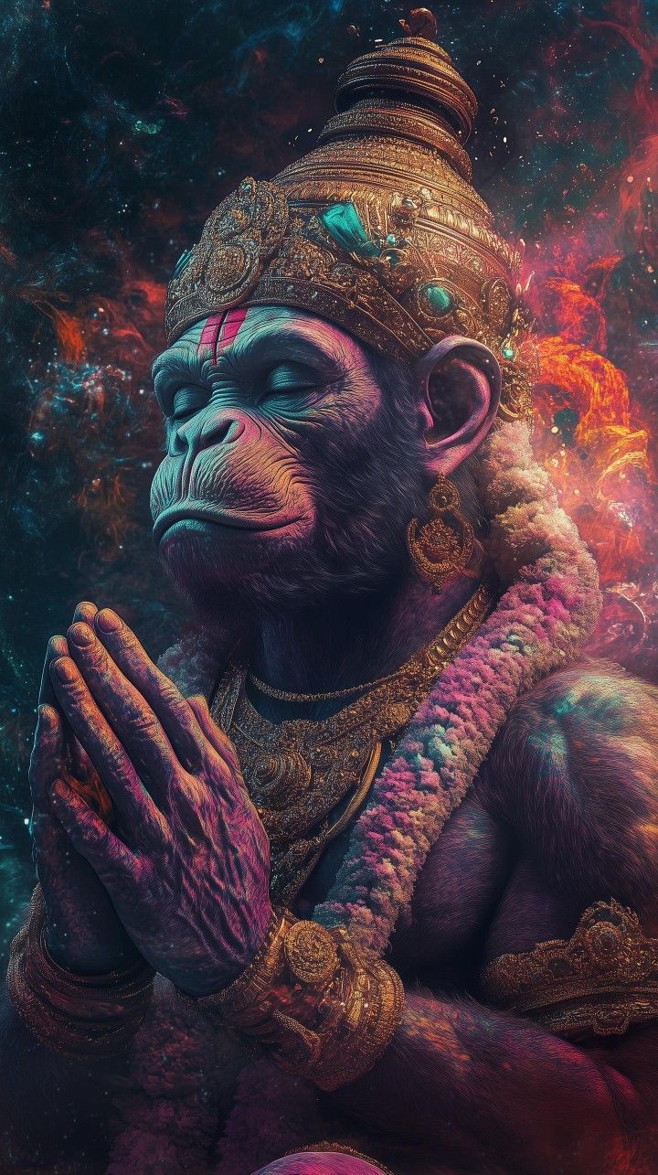 Hanuman in prayer, cosmic background