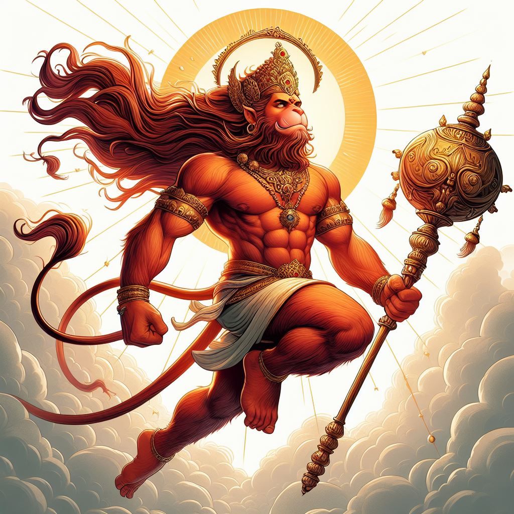 Hanuman ascending with his mace