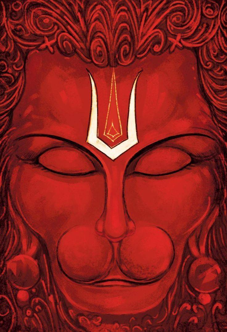 Hanuman\'s crimson face in meditative pose.