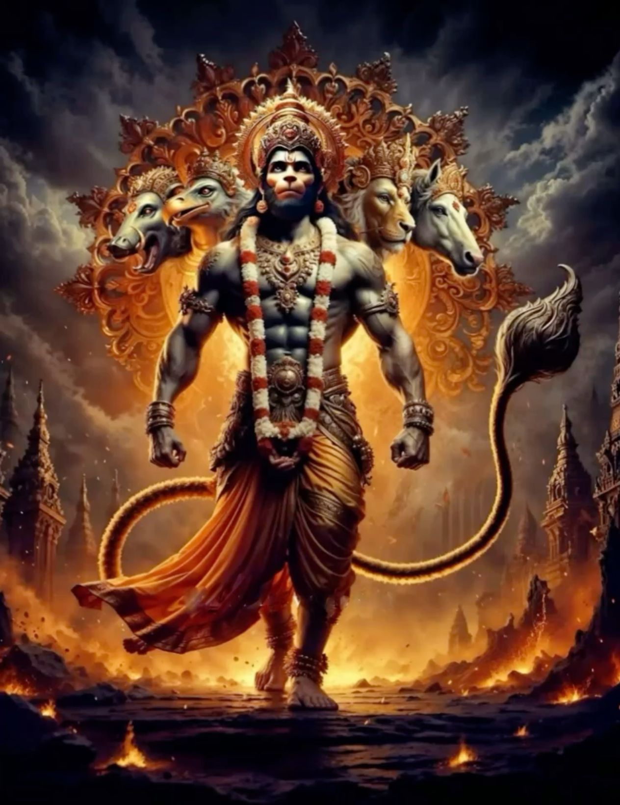 Eleven-headed Hanuman radiating divine power