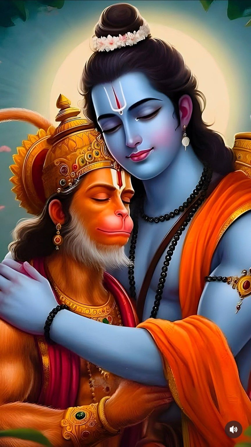 Rama embraces Hanuman in forest