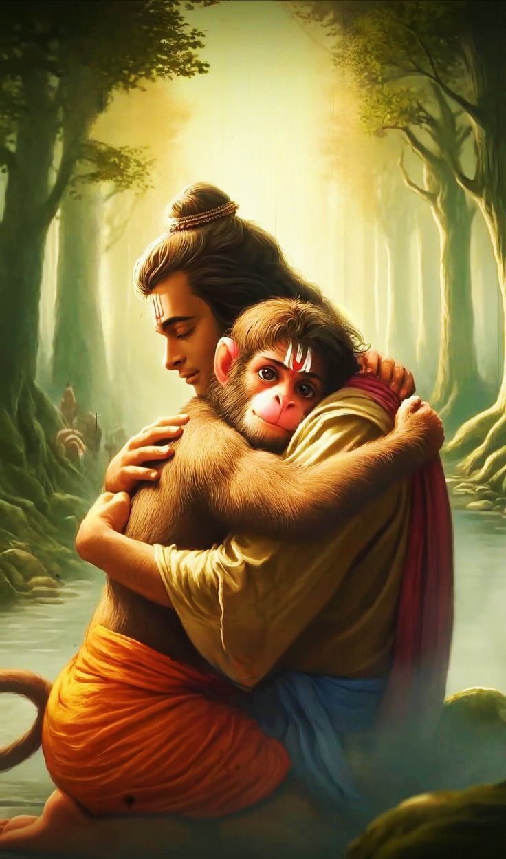 Hanuman embracing a baby monkey.