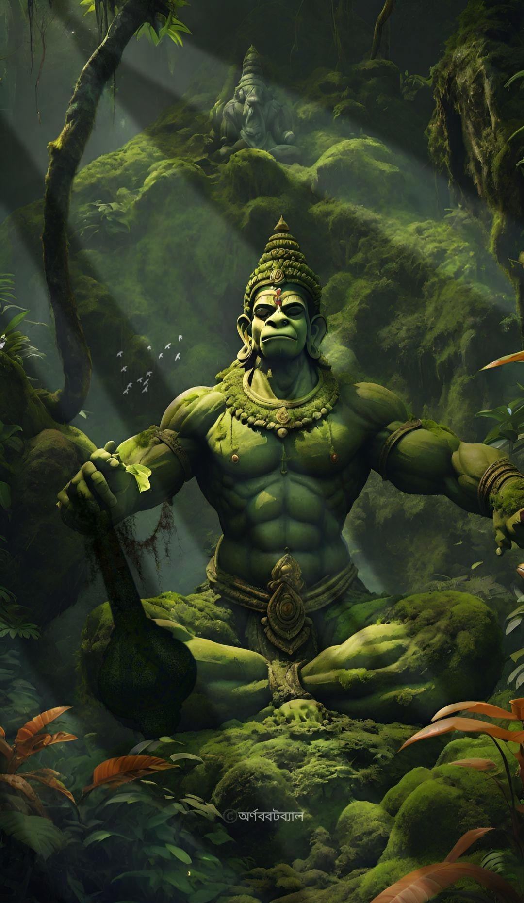 Hanuman seated in a vibrant forest