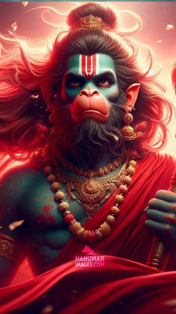 Powerful Hanuman portrait with emerald skin.