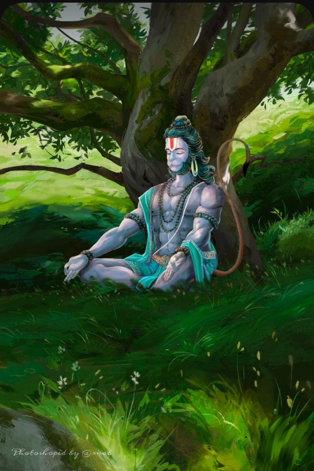 Hanuman meditating in a lush forest