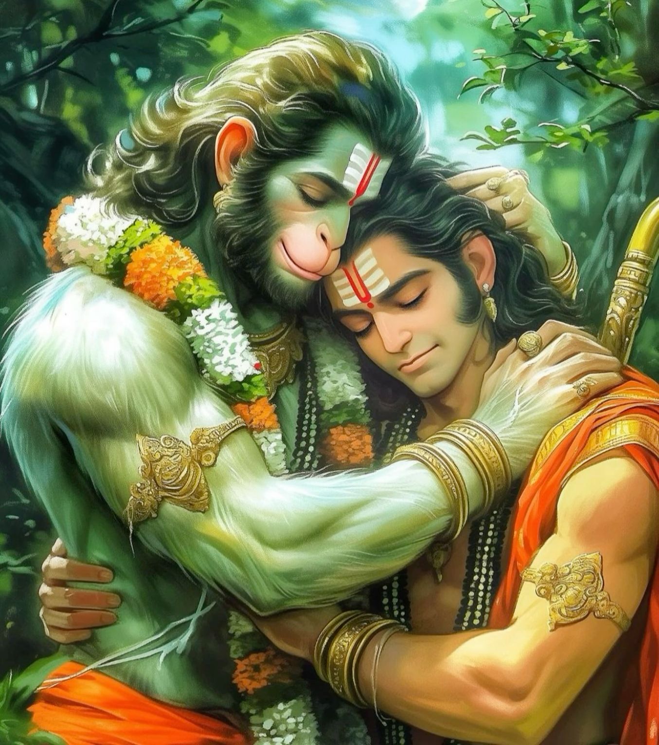Hanuman lovingly embraces Lord Ram.