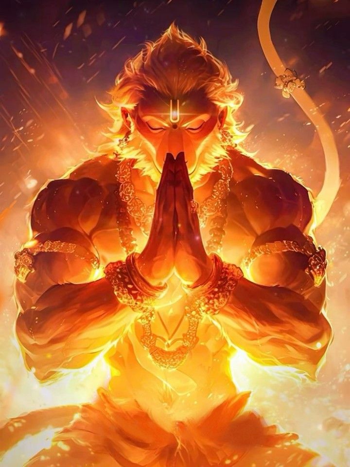 Devotional Hanuman praying with fiery aura