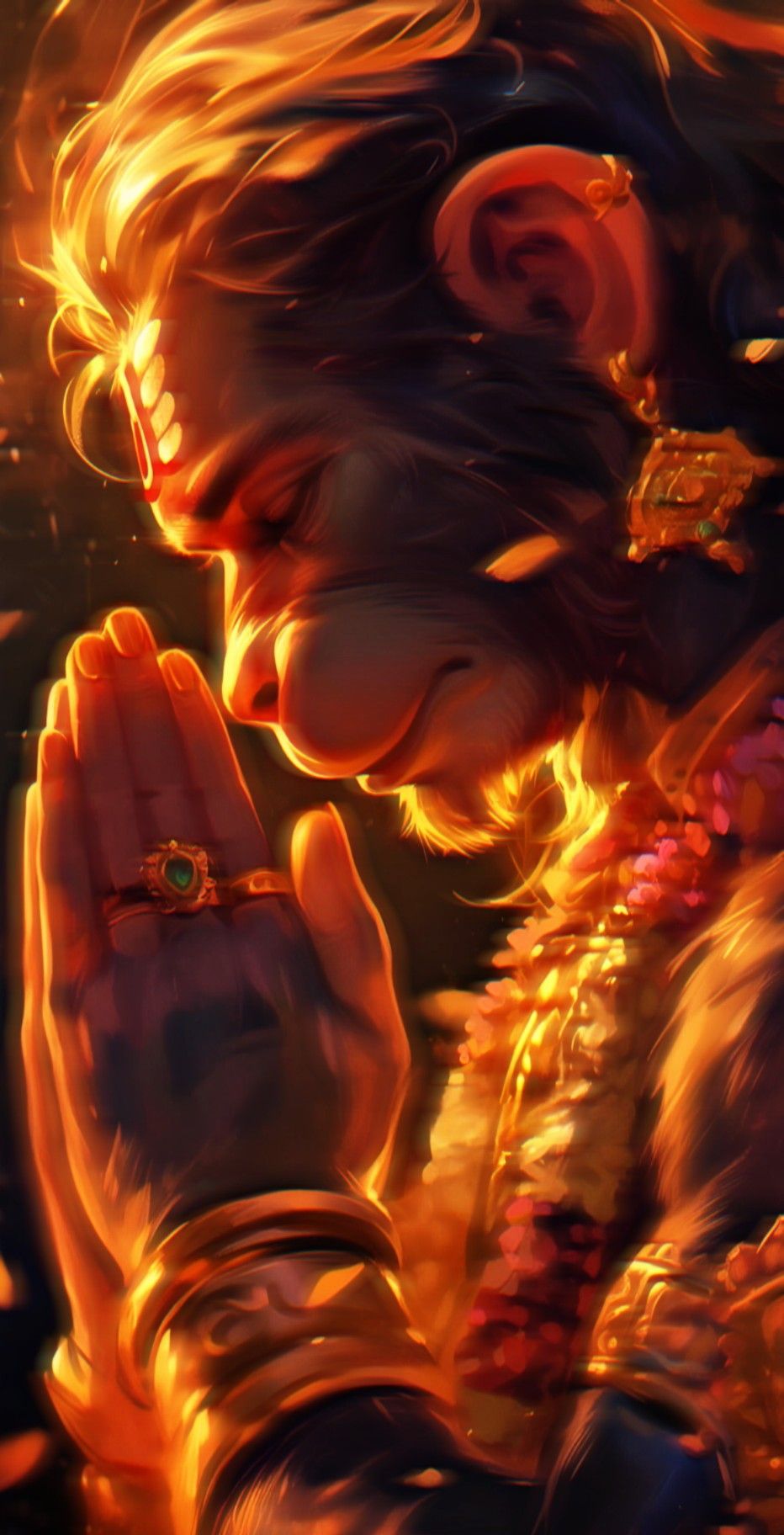 Hanuman in prayerful, fiery devotion