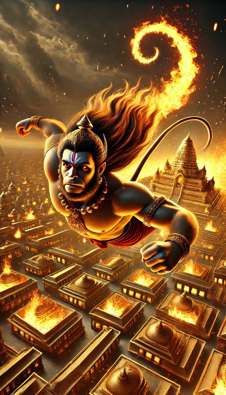 Hanuman flying over burning Lanka.