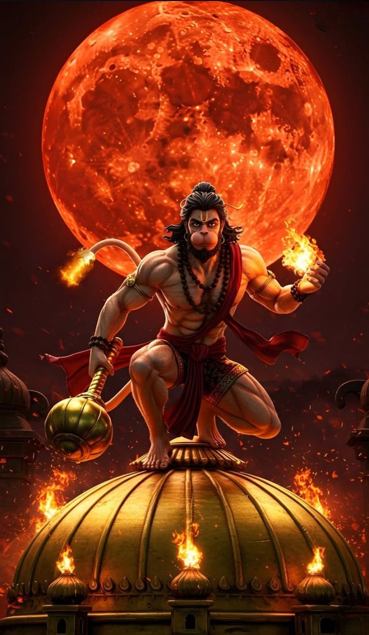 Hanuman poised for action, fiery background
