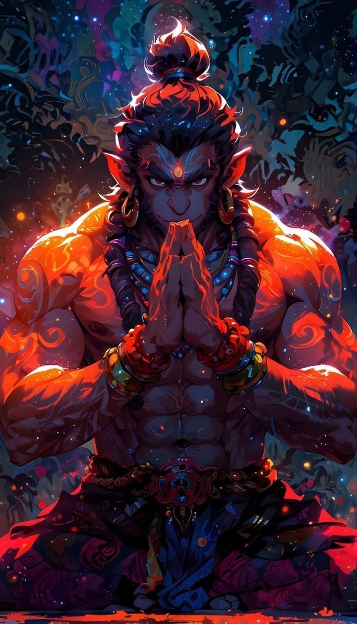 Hanuman in prayer, fiery background