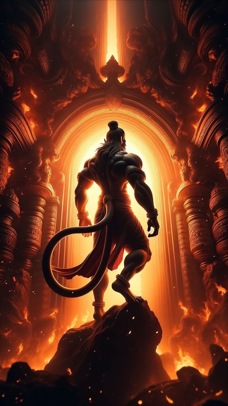 Hanuman emerges from fiery temple doorway