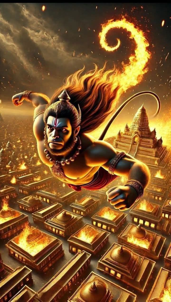 Hanuman flying over burning Lanka.
