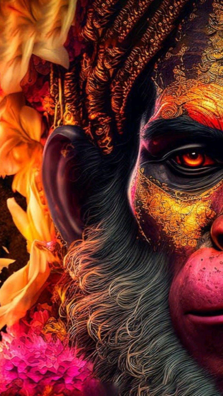 Intense portrait of Hanuman with fire.