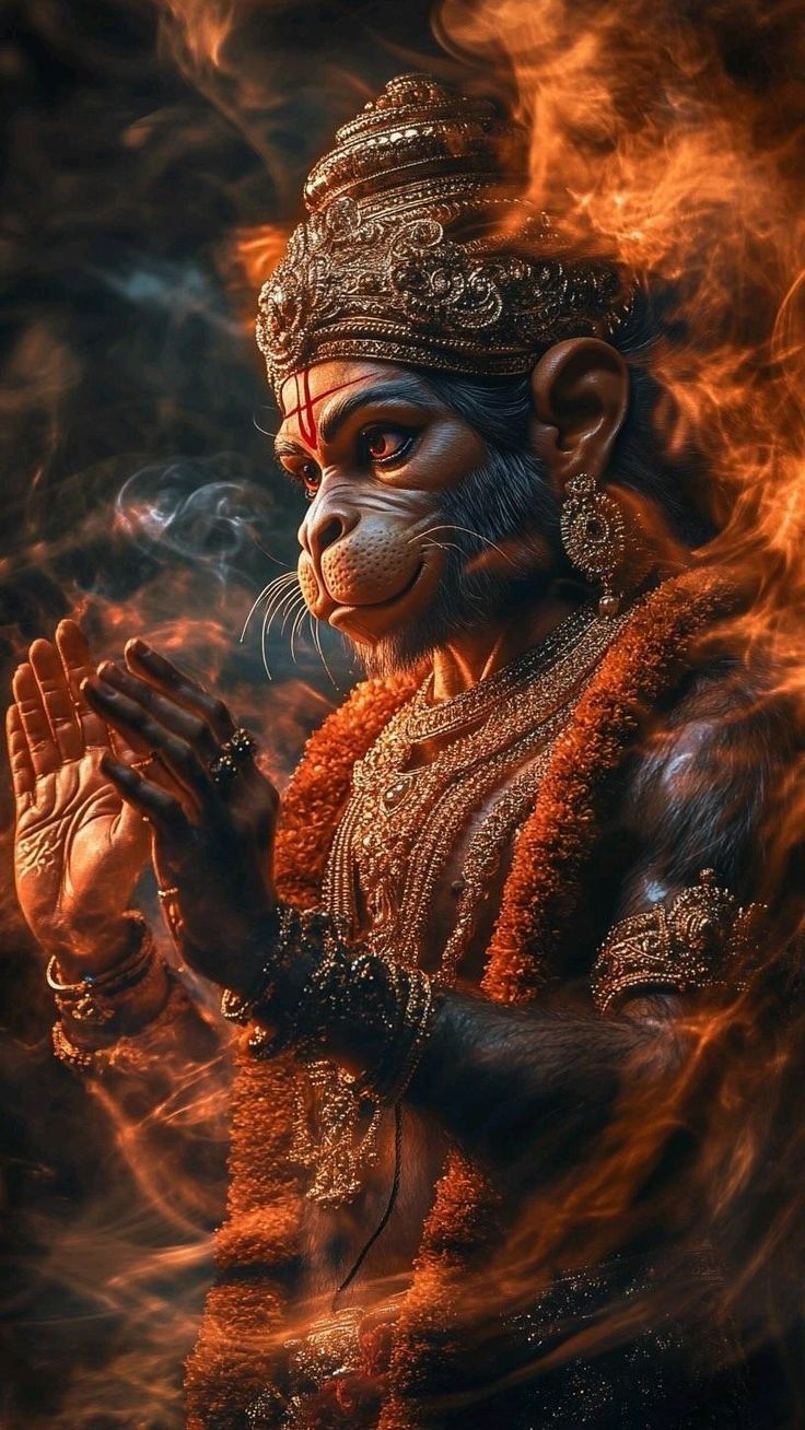 Hanuman in fiery devotion offering prayer