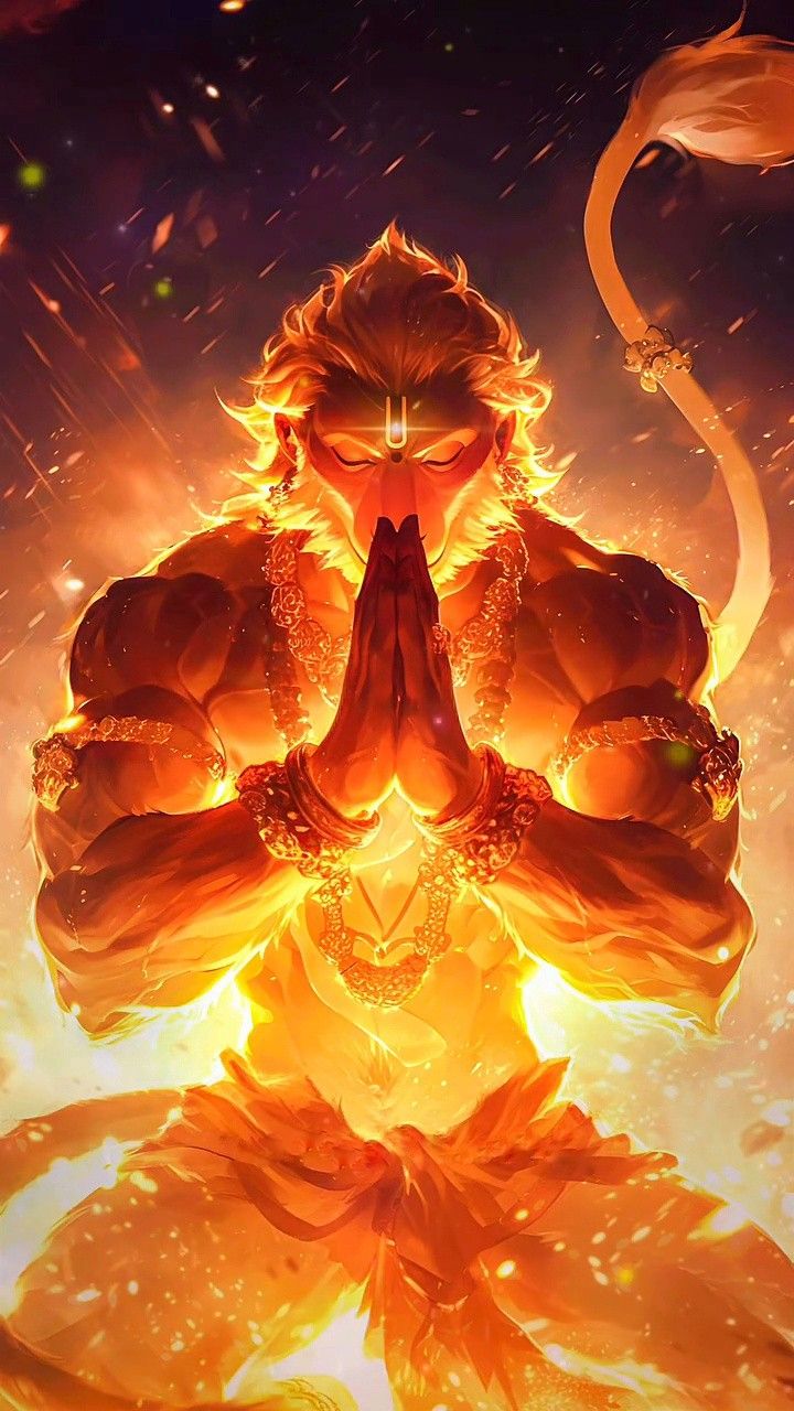 Hanuman in prayer, fiery devotion
