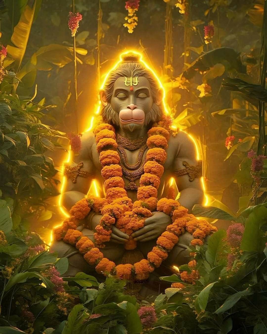 Hanuman meditating amidst forest blooms.