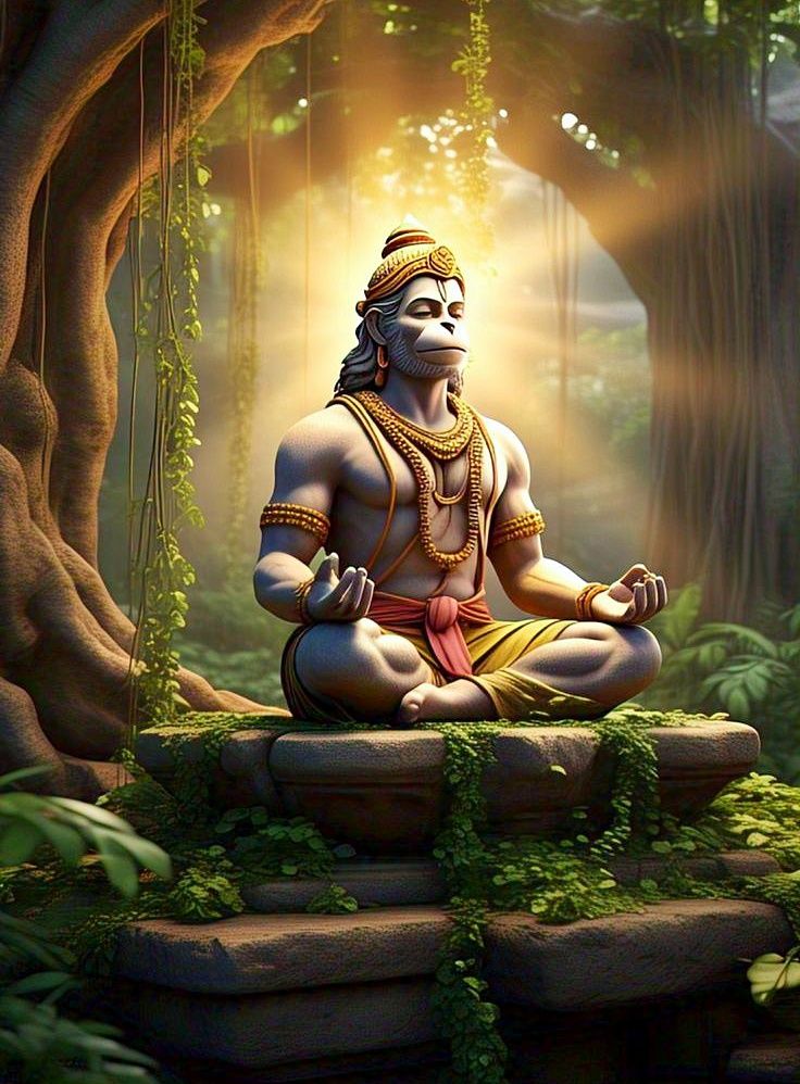 Hanuman meditating in a lush forest.