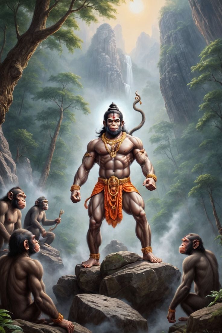 Hanuman amidst lush forest landscape