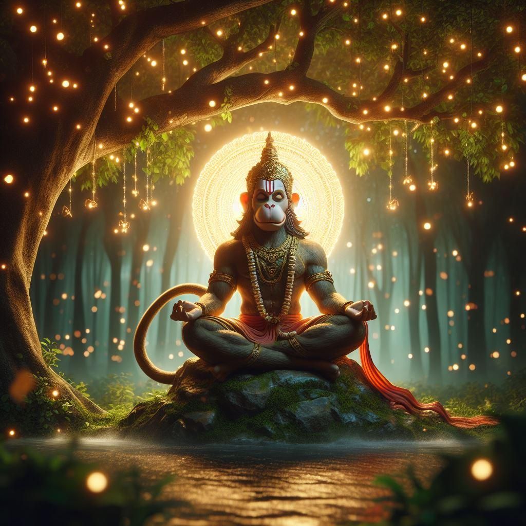 Hanuman meditating in a golden forest.
