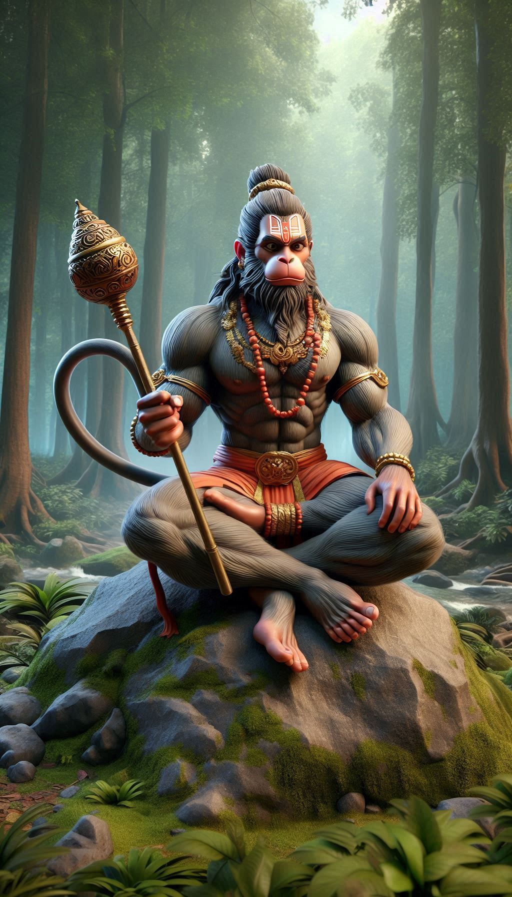 Hanuman seated in lush green forest.