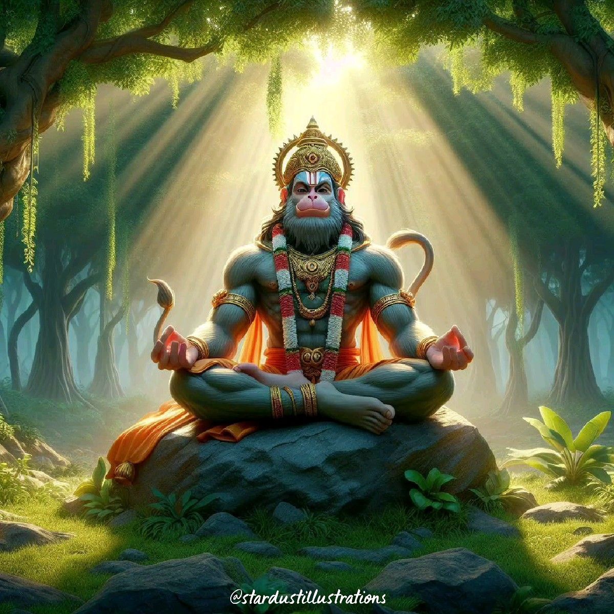 Hanuman meditating in a sunlit forest