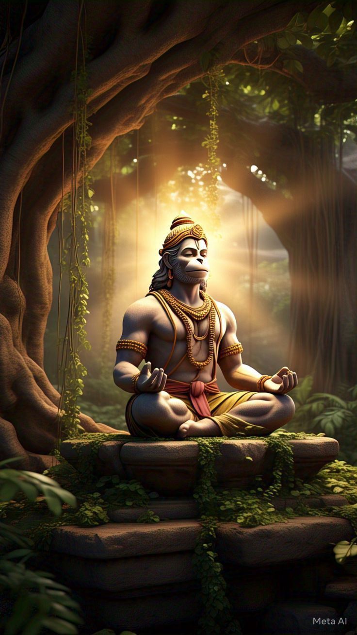 Hanuman meditating in a tranquil forest.