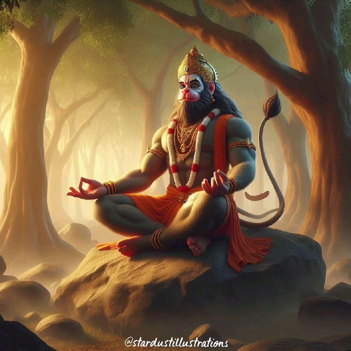 Hanuman meditating in a lush forest