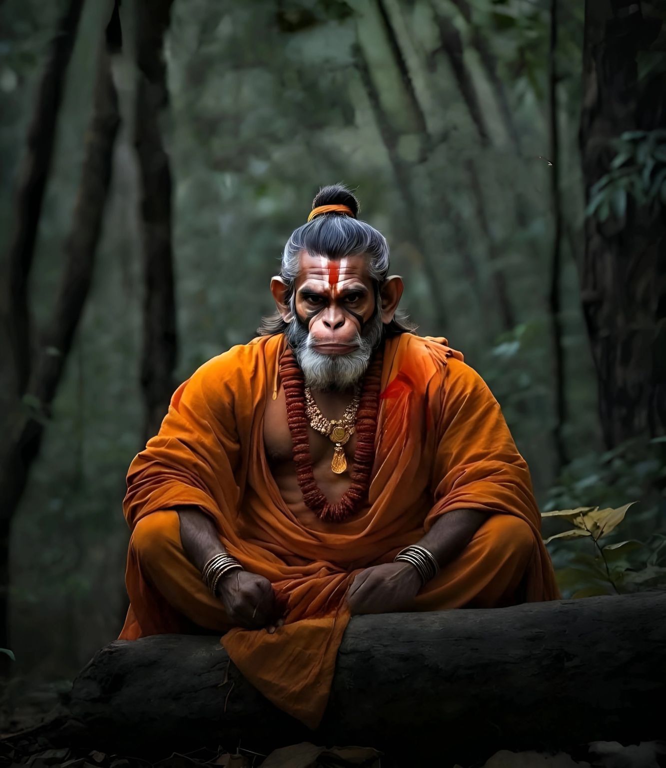 Hanuman seated in a lush forest