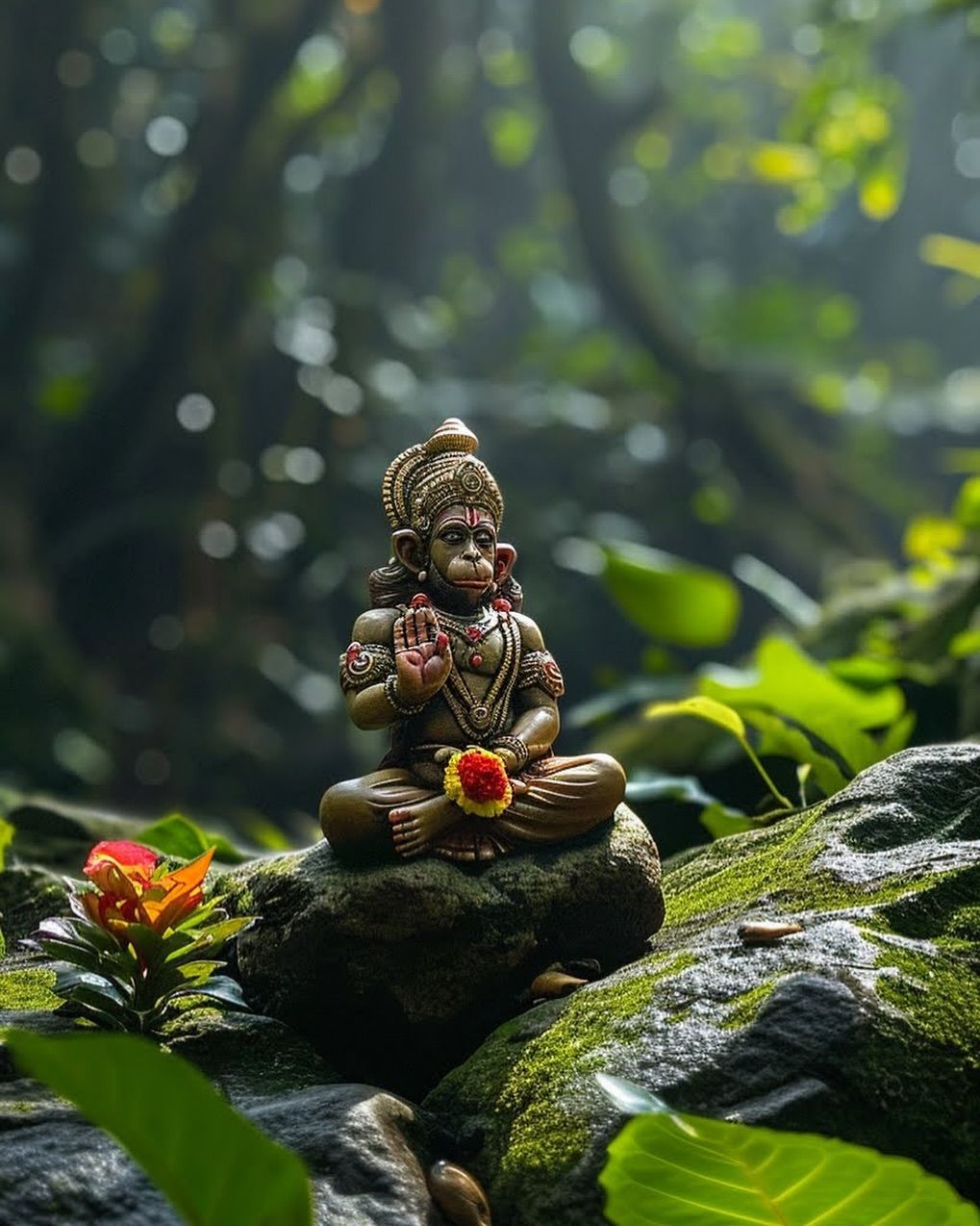 Hanuman seated in forest, peaceful darshan