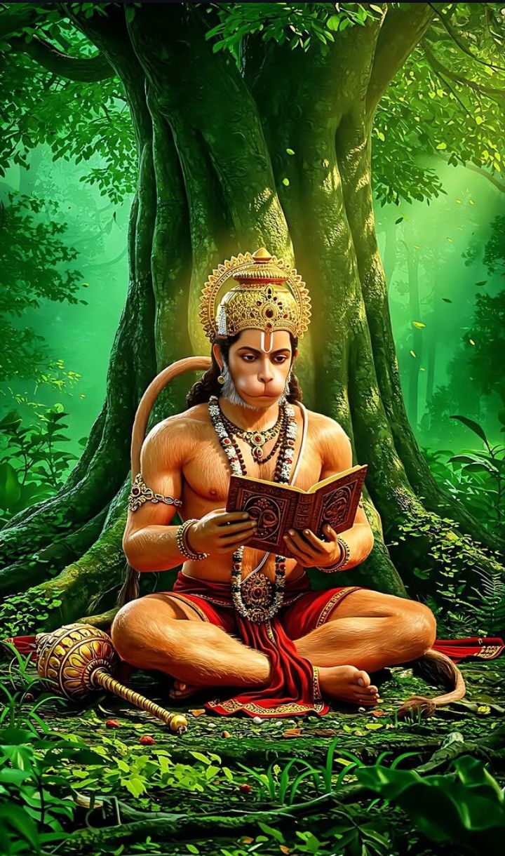 Hanuman reading under a forest tree